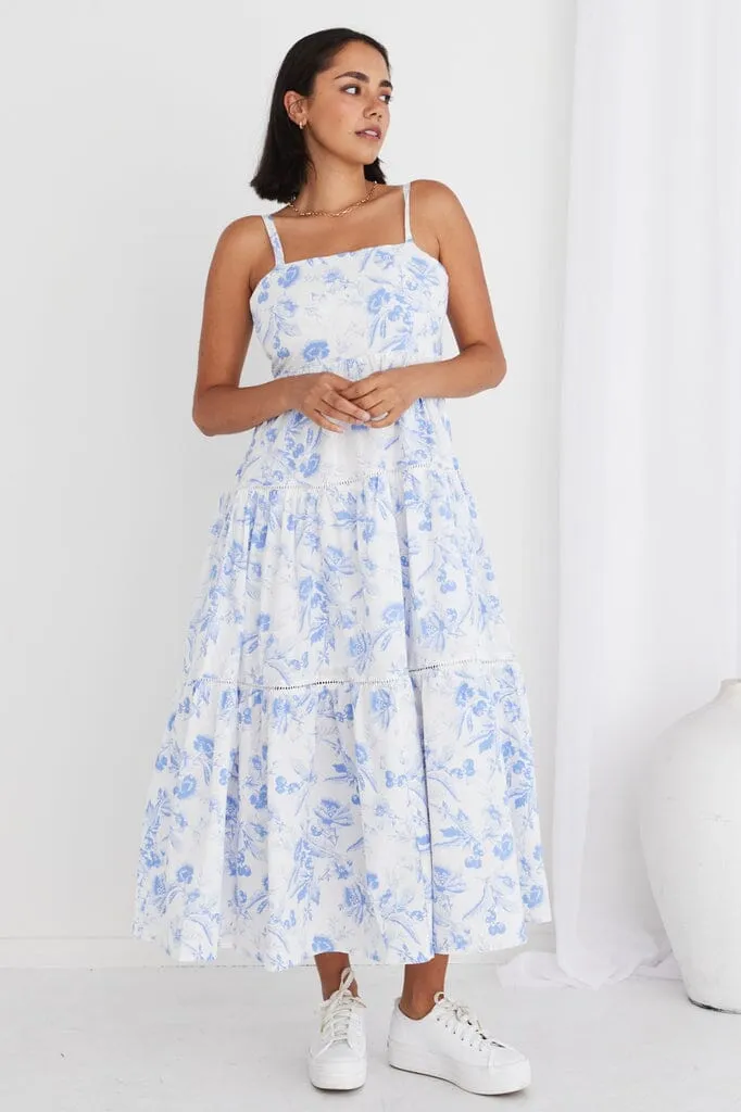 Universe Blue Floral Tie Back Tiered Strappy Maxi Dress - Blue