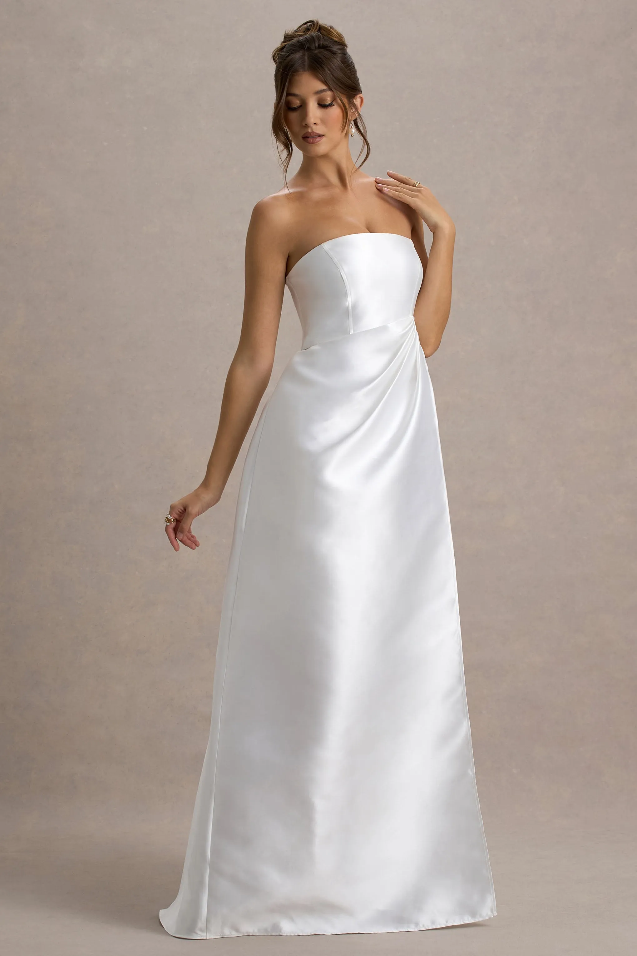 Universe | White Bandeau Split Puff-Skirt Maxi Dress Club L London