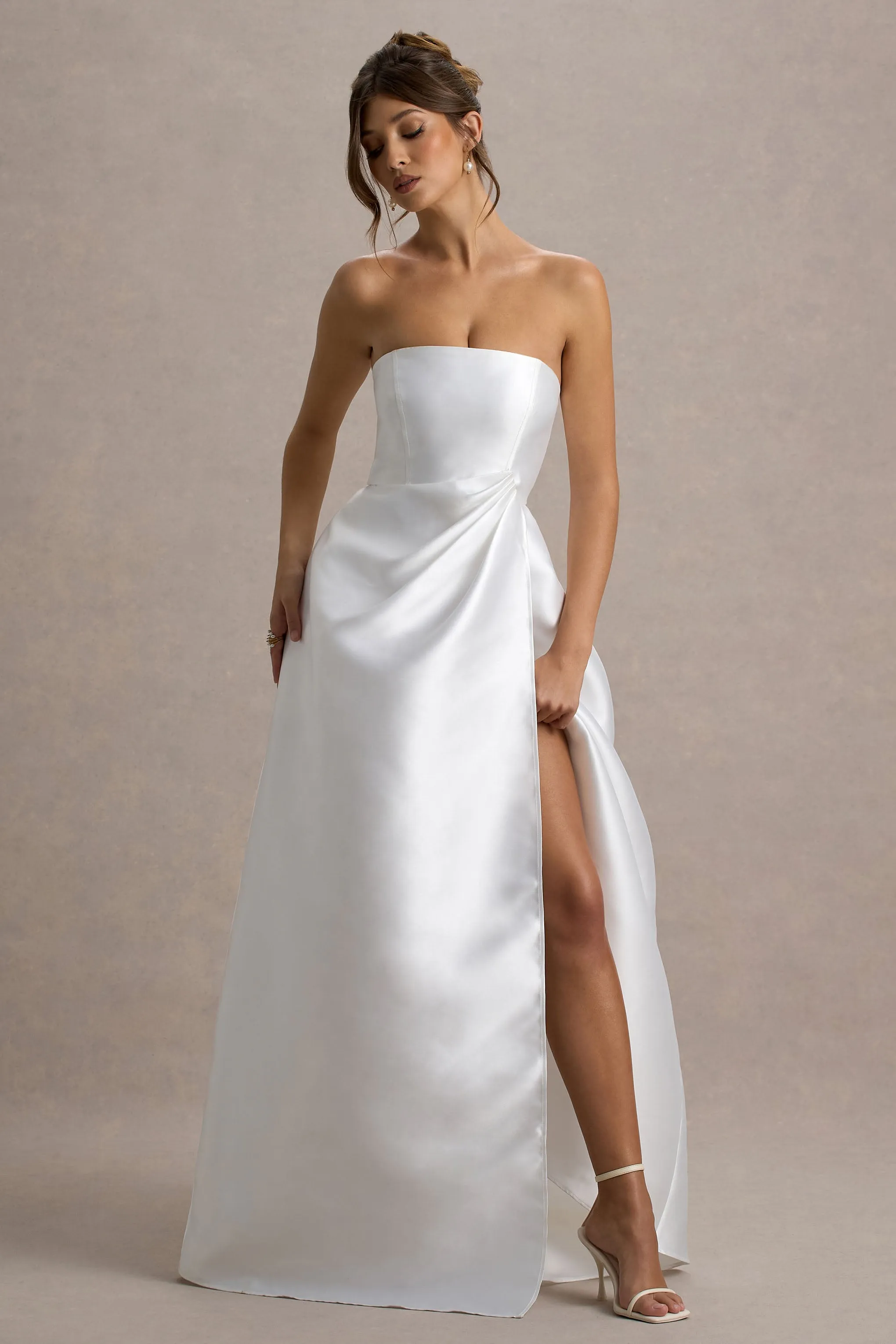 Universe | White Bandeau Split Puff-Skirt Maxi Dress Club L London