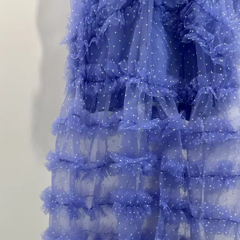 v-neckline tiered mesh gown in blue Gloria Lanvin