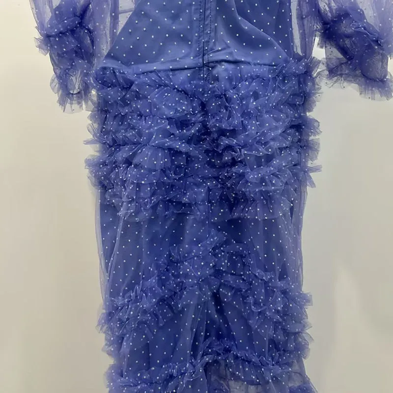 v-neckline tiered mesh gown in blue Gloria Lanvin