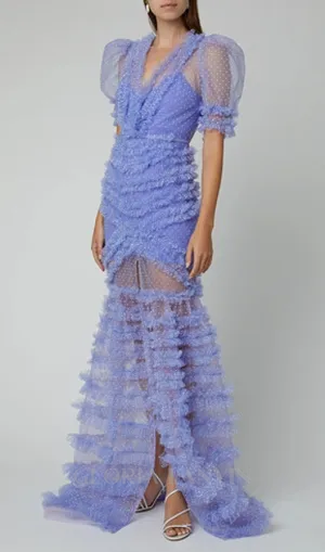 v-neckline tiered mesh gown in blue Gloria Lanvin
