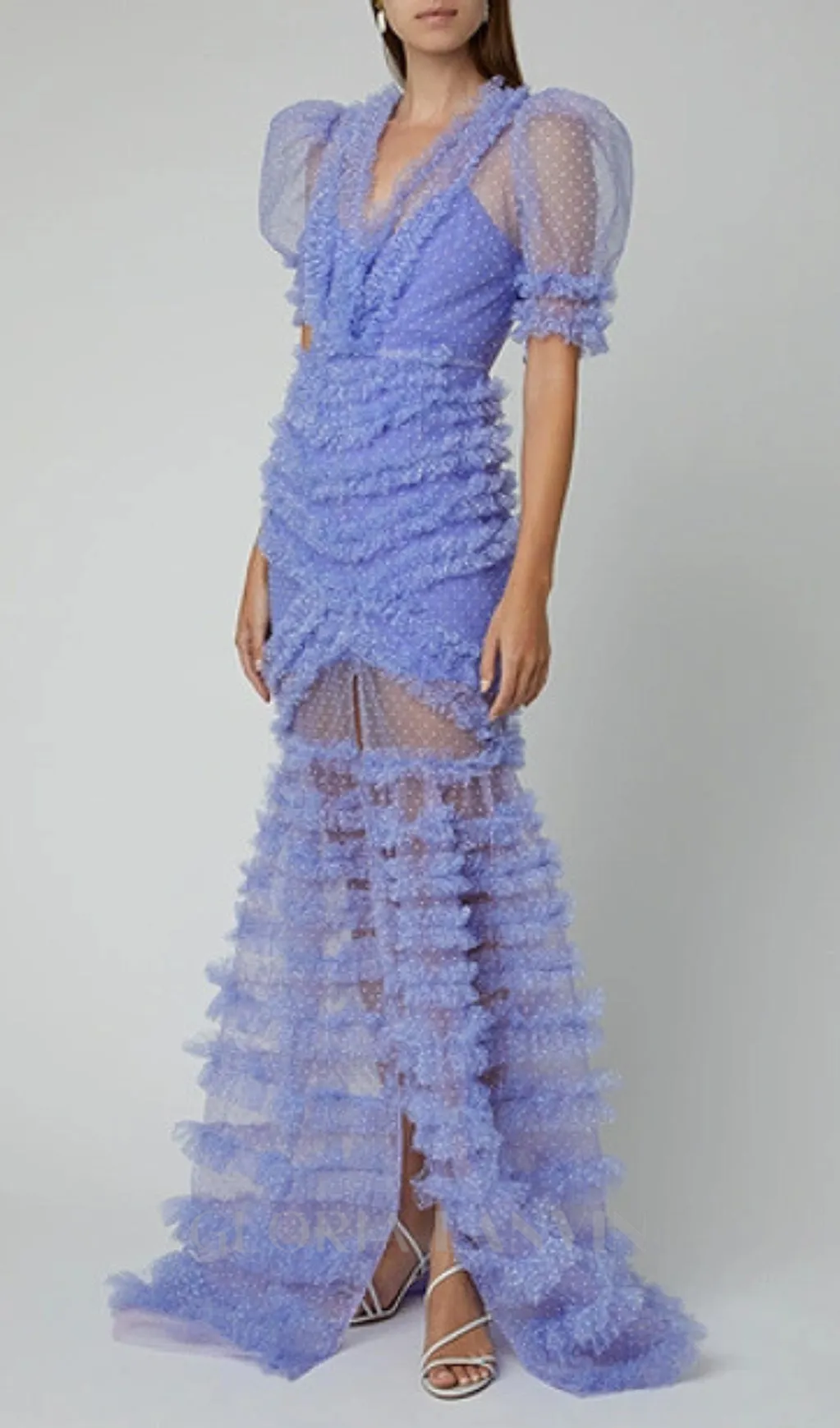 v-neckline tiered mesh gown in blue Gloria Lanvin