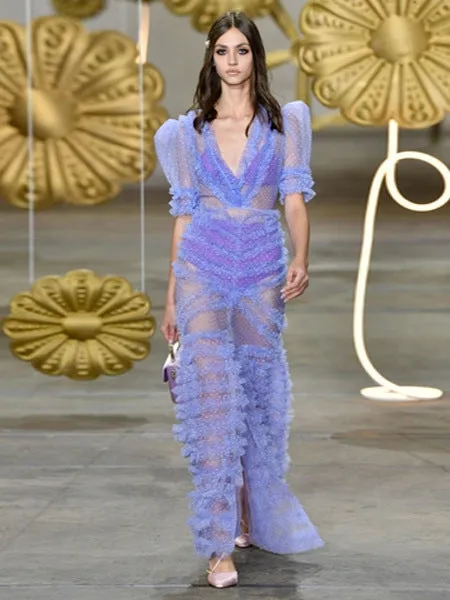 v-neckline tiered mesh gown in blue Gloria Lanvin