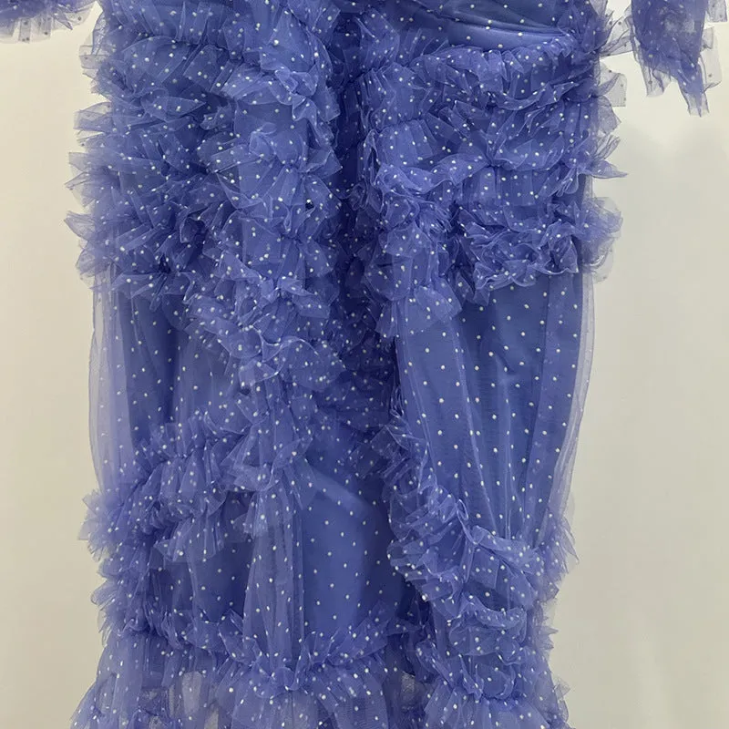 v-neckline tiered mesh gown in blue Gloria Lanvin