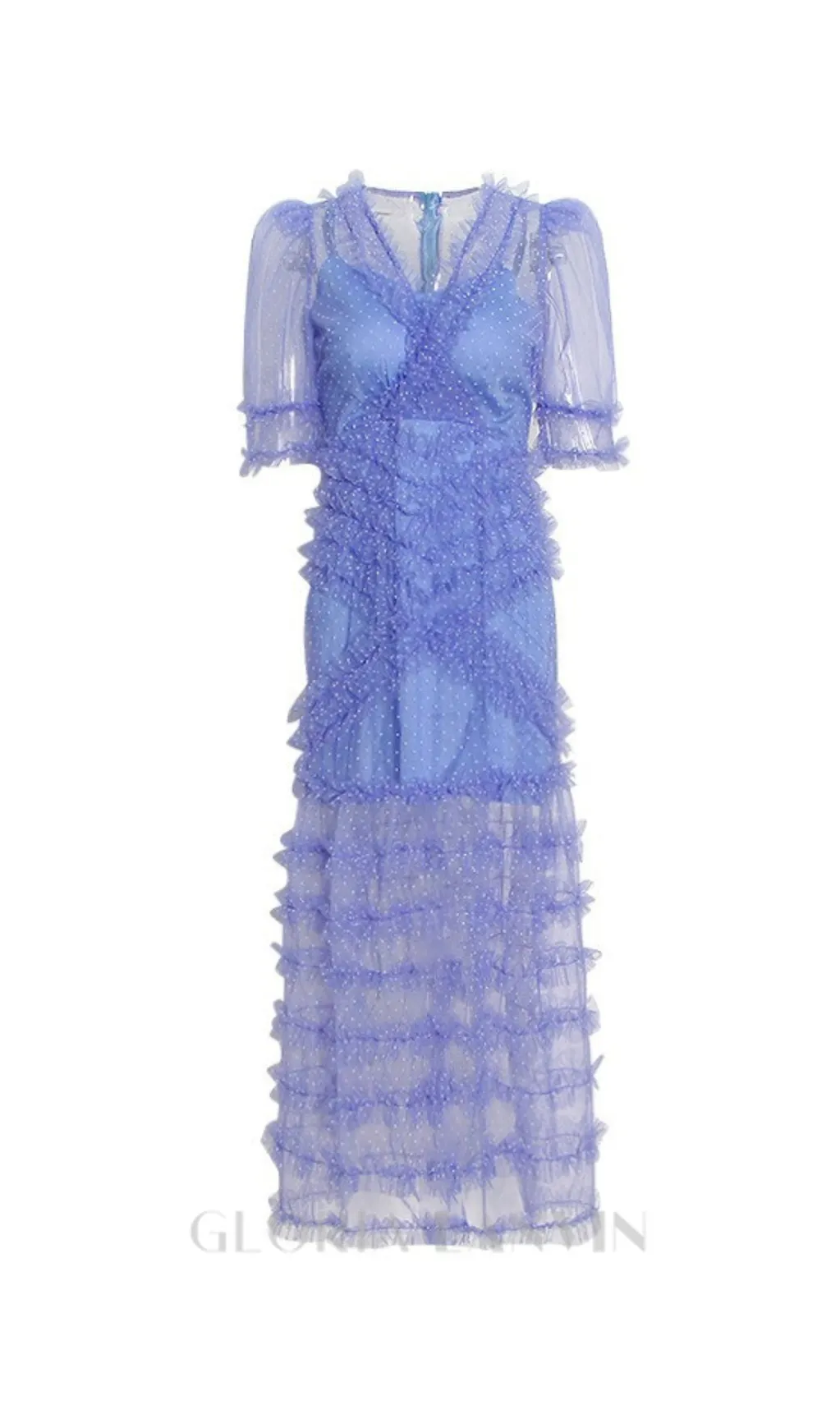 v-neckline tiered mesh gown in blue Gloria Lanvin