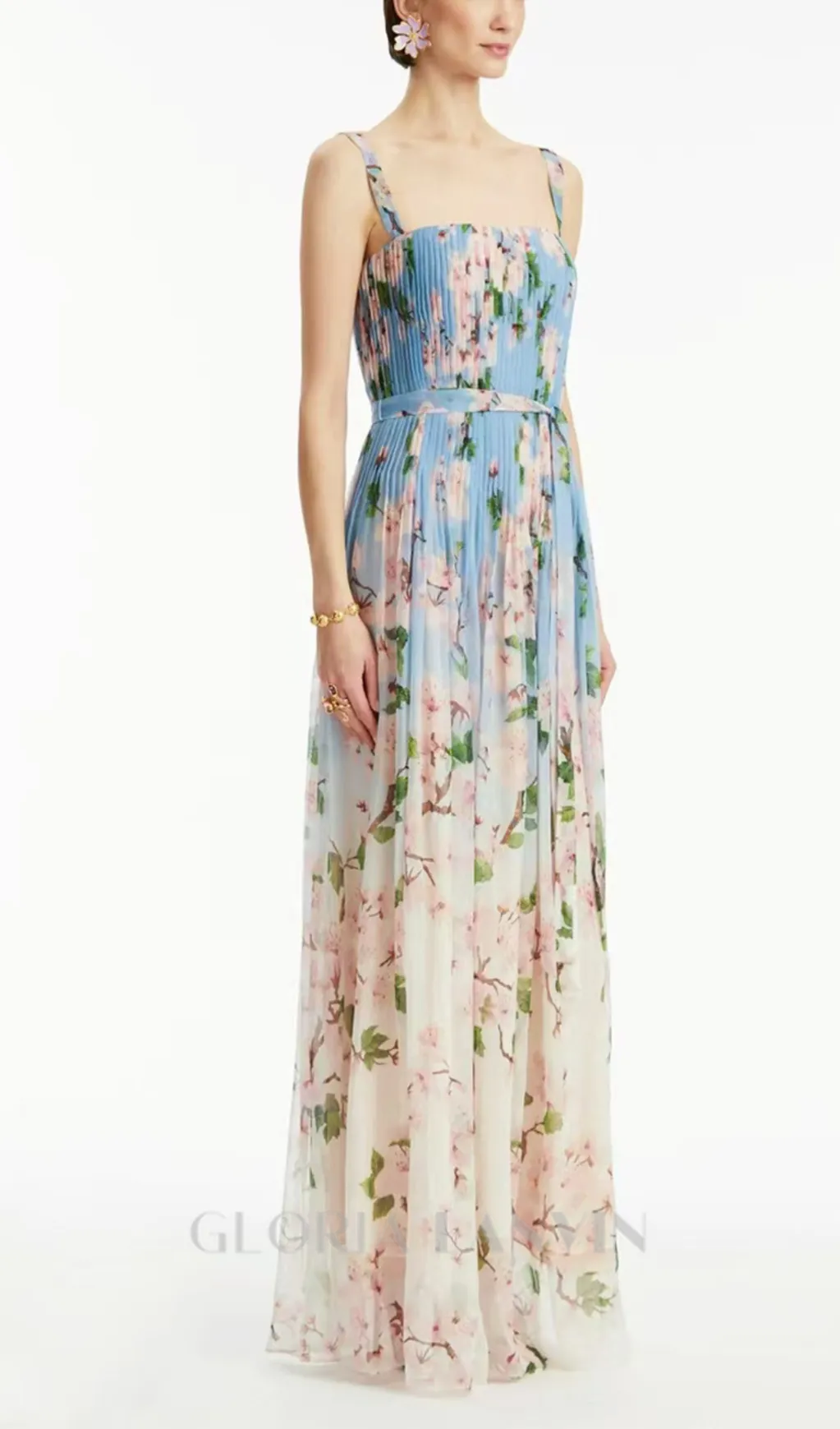 xaviera pleated silk chiffon gown in blue Gloria Lanvin