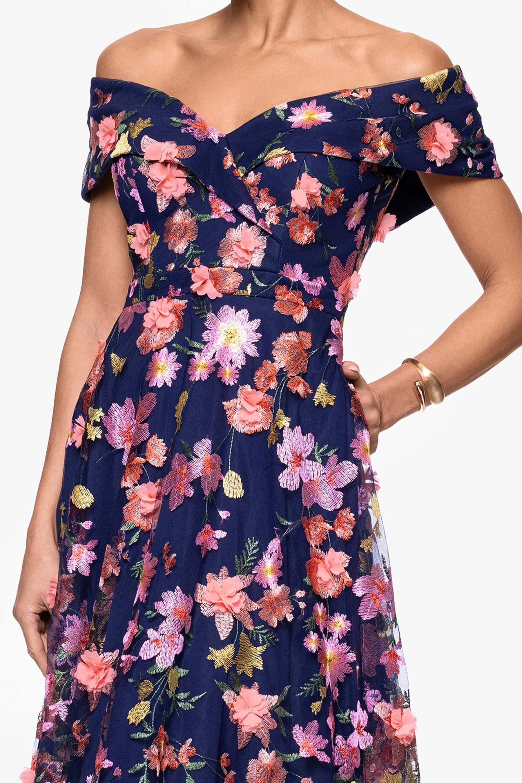 Xscape Evenings "Daniela" 3D Floral Embellished Off the Shoulder Midi Dress 6815X
