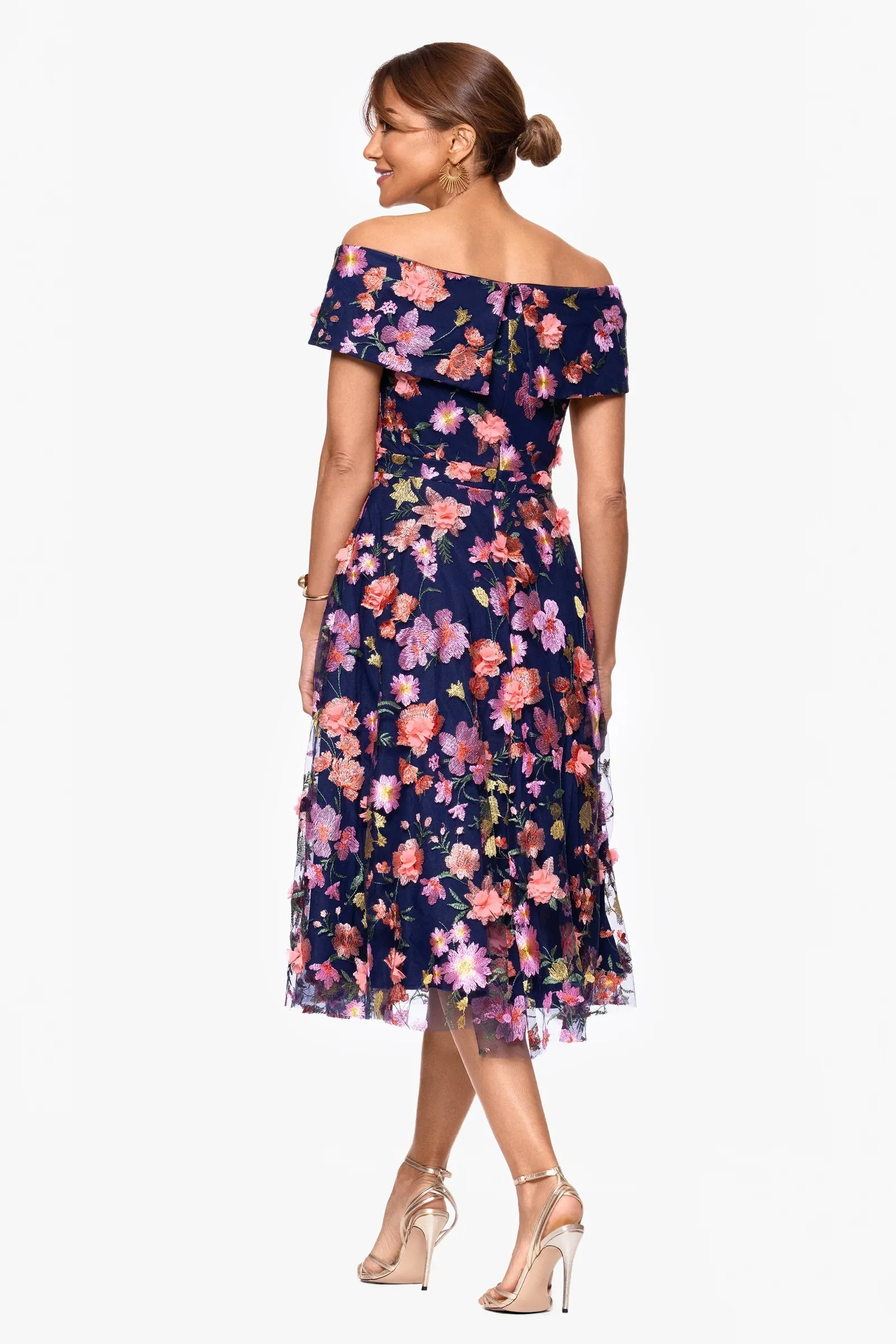 Xscape Evenings "Daniela" 3D Floral Embellished Off the Shoulder Midi Dress 6815X