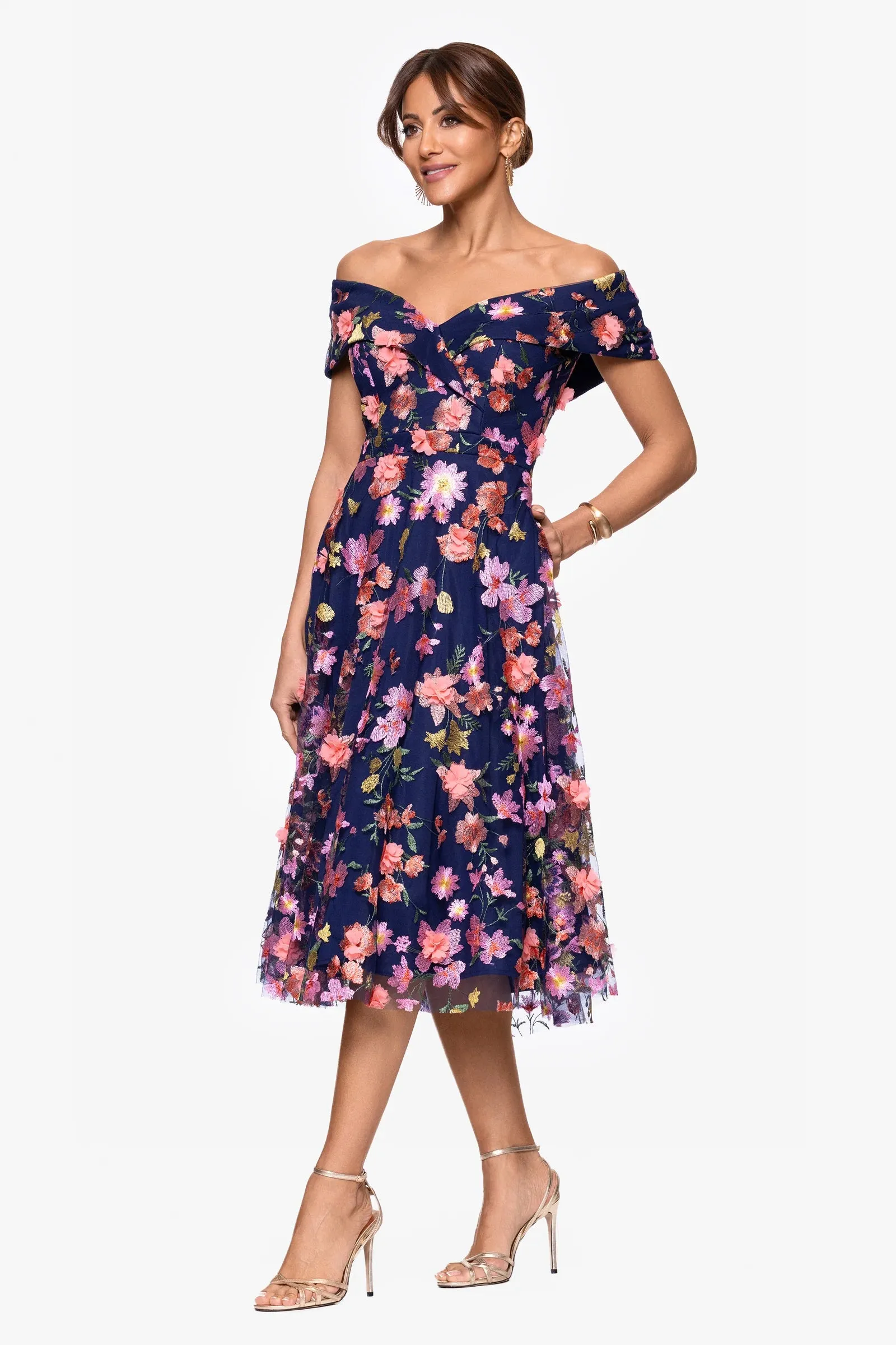 Xscape Evenings "Daniela" 3D Floral Embellished Off the Shoulder Midi Dress 6815X