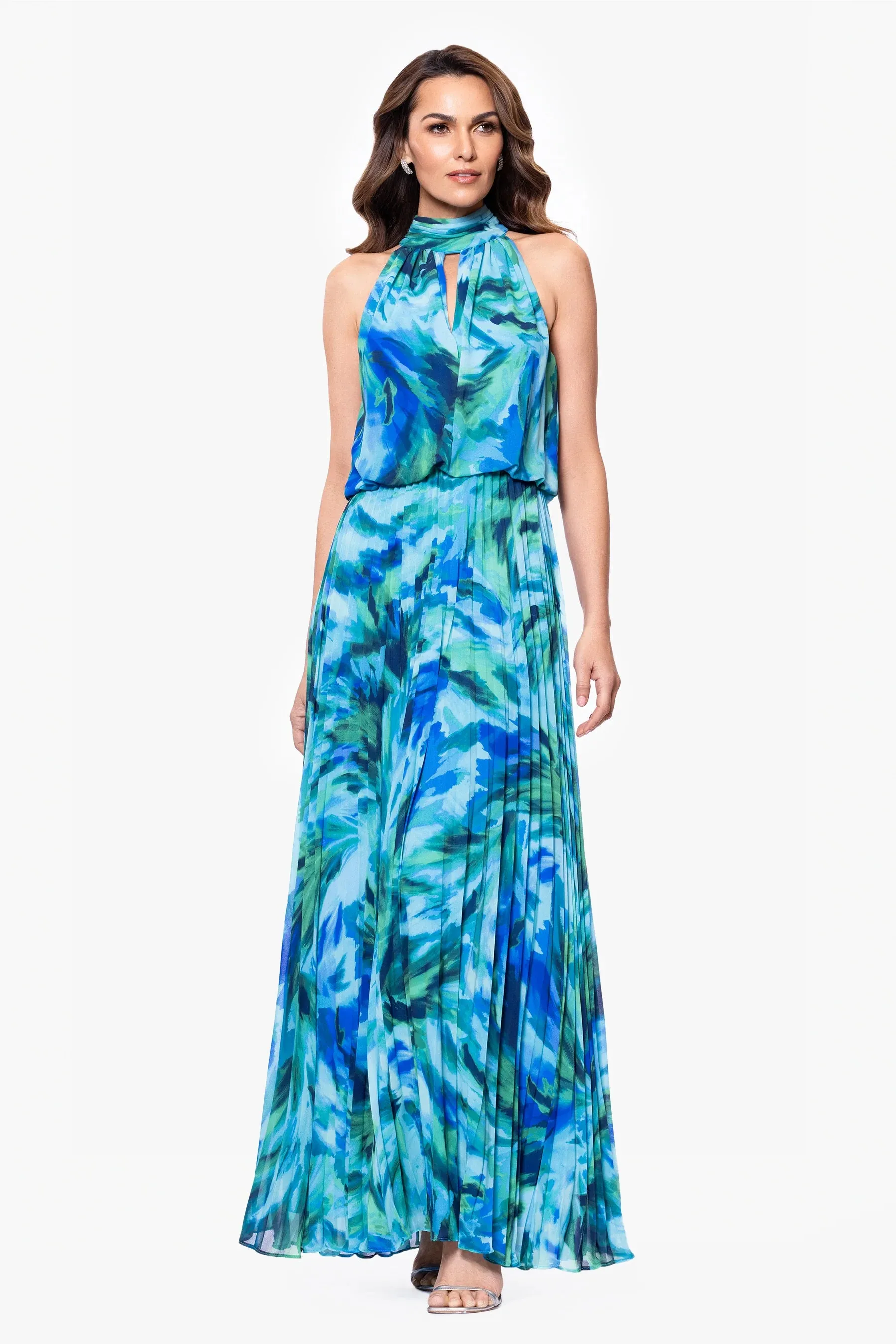 Xscape Evenings "Maeve" Floral Print Chiffon Mock Neck Dress 6876X