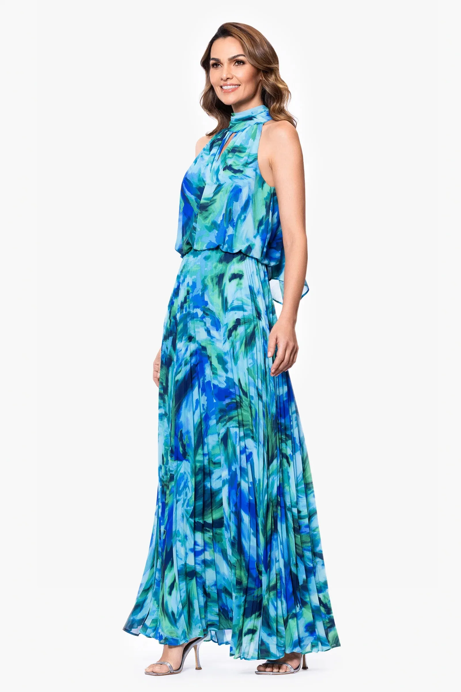 Xscape Evenings "Maeve" Floral Print Chiffon Mock Neck Dress 6876X