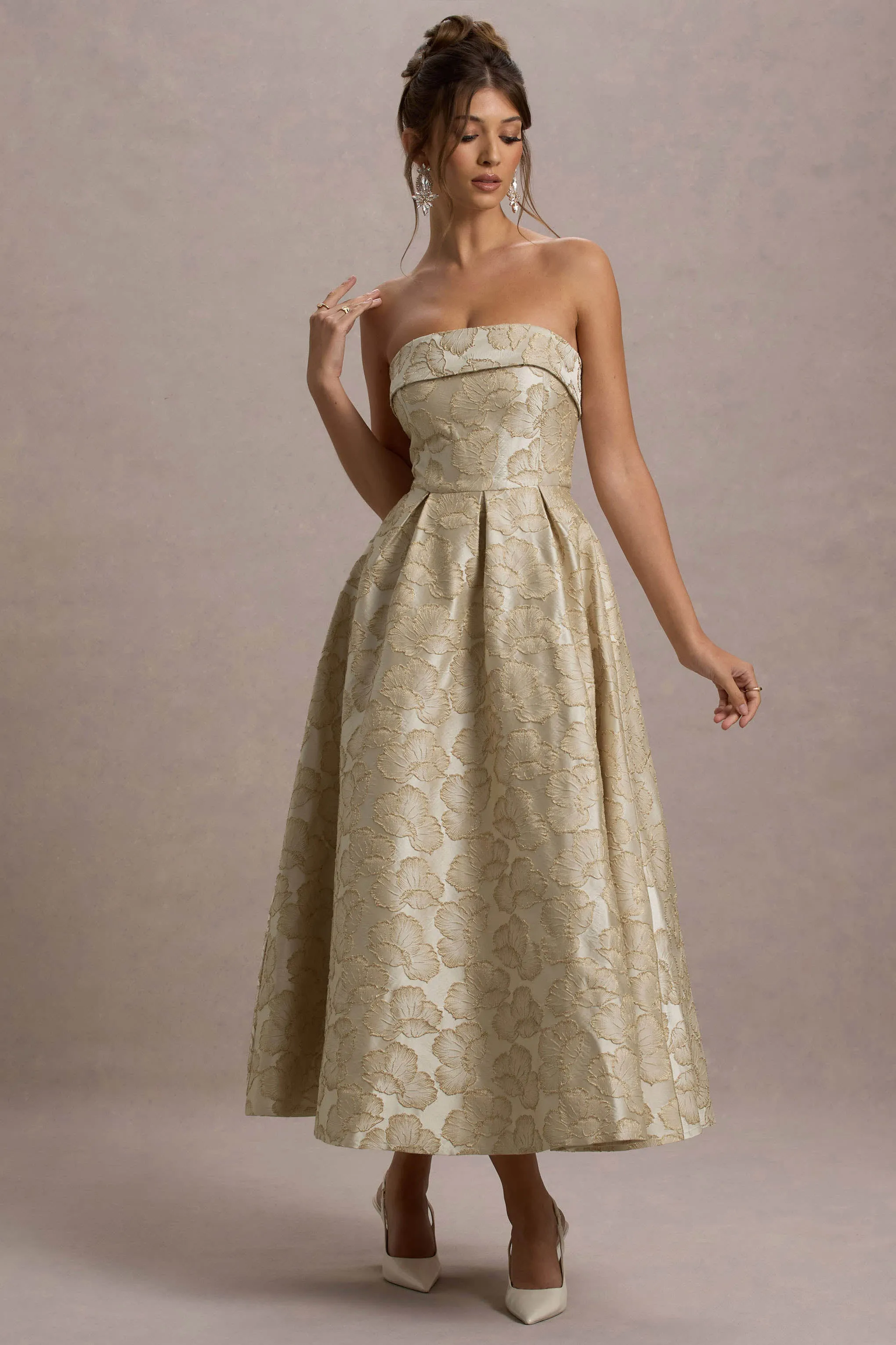 Zuma | Gold Metallic Jacquard Strapless Midi Dress Club L London