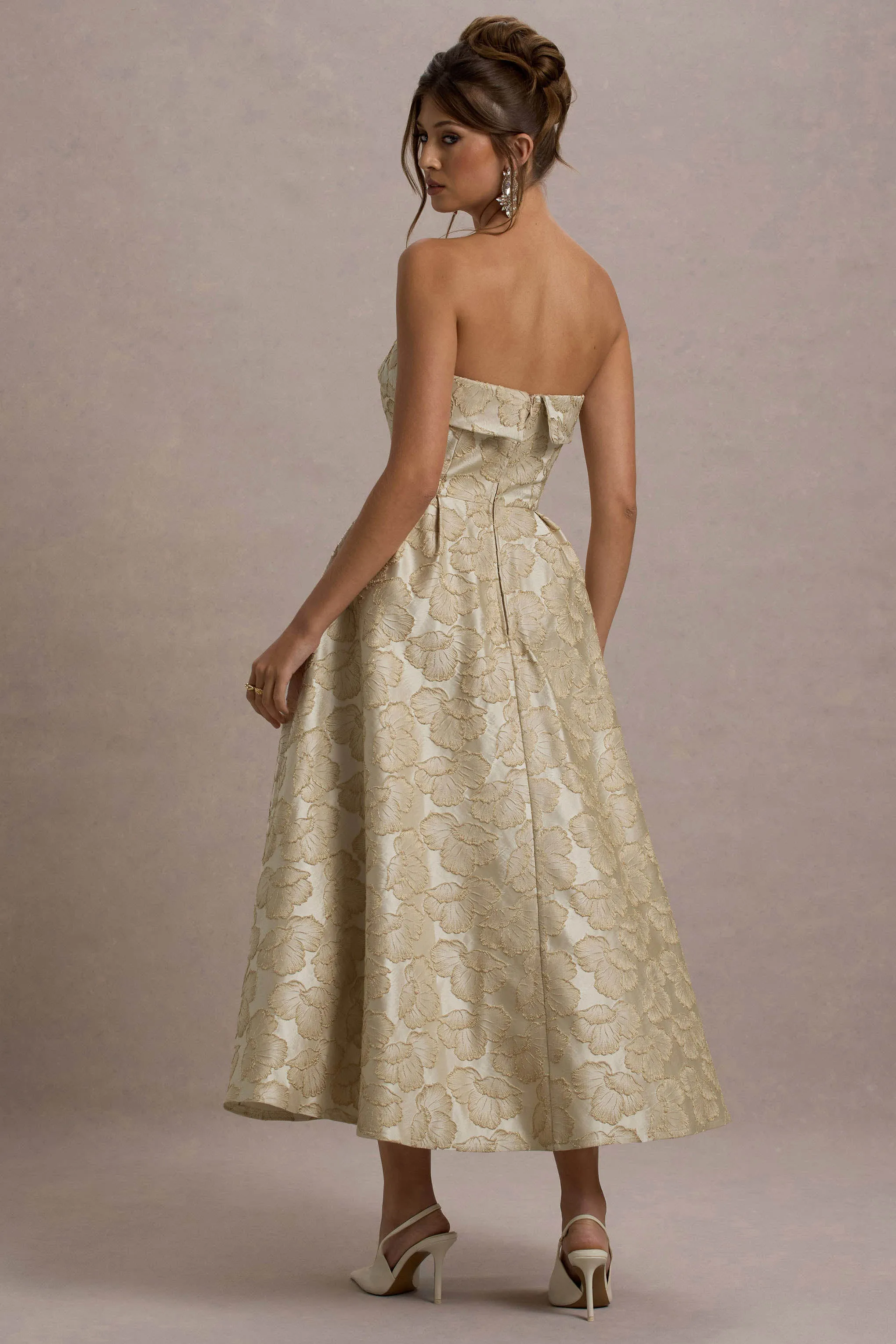Zuma | Gold Metallic Jacquard Strapless Midi Dress Club L London