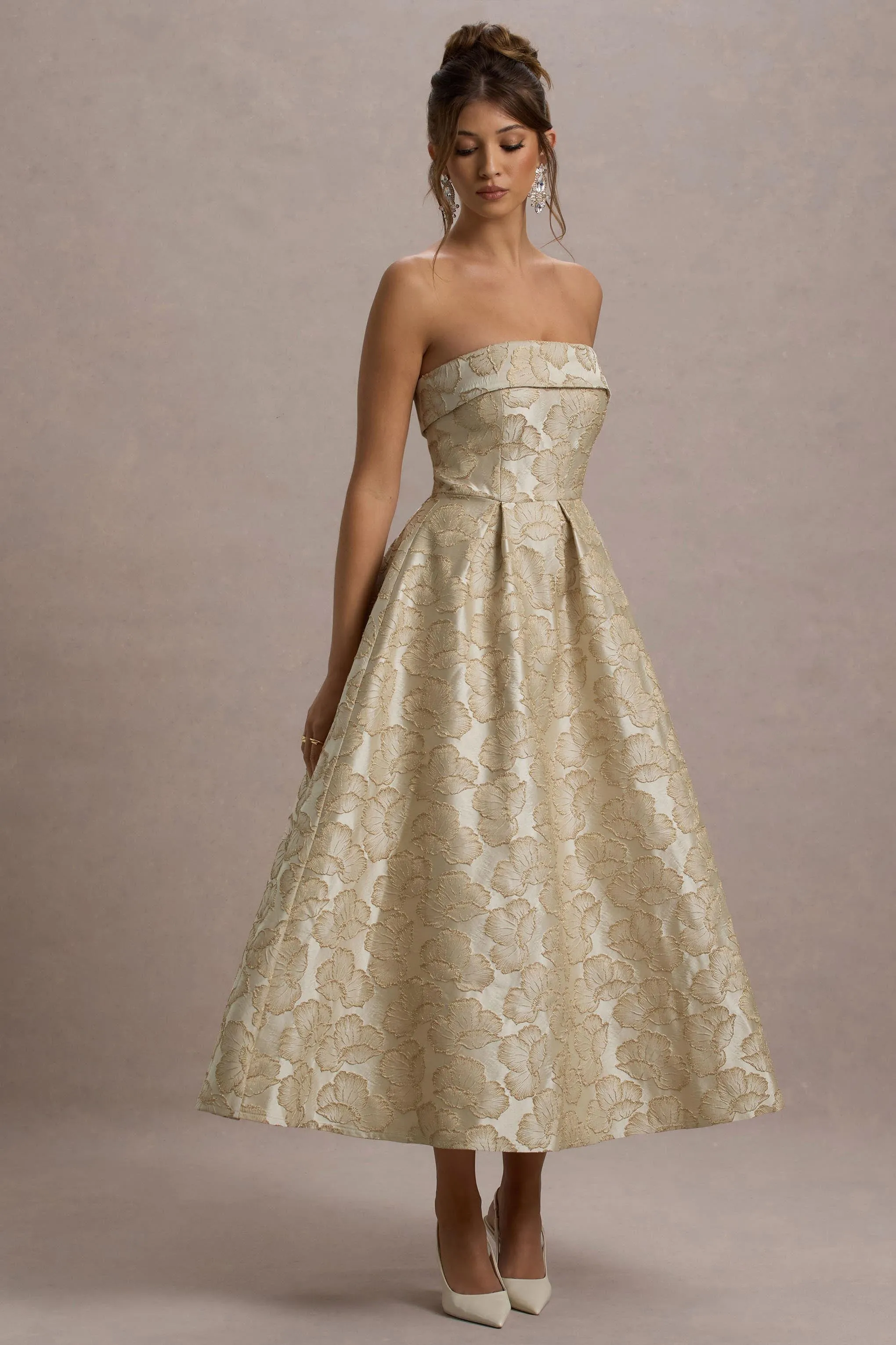 Zuma | Gold Metallic Jacquard Strapless Midi Dress Club L London