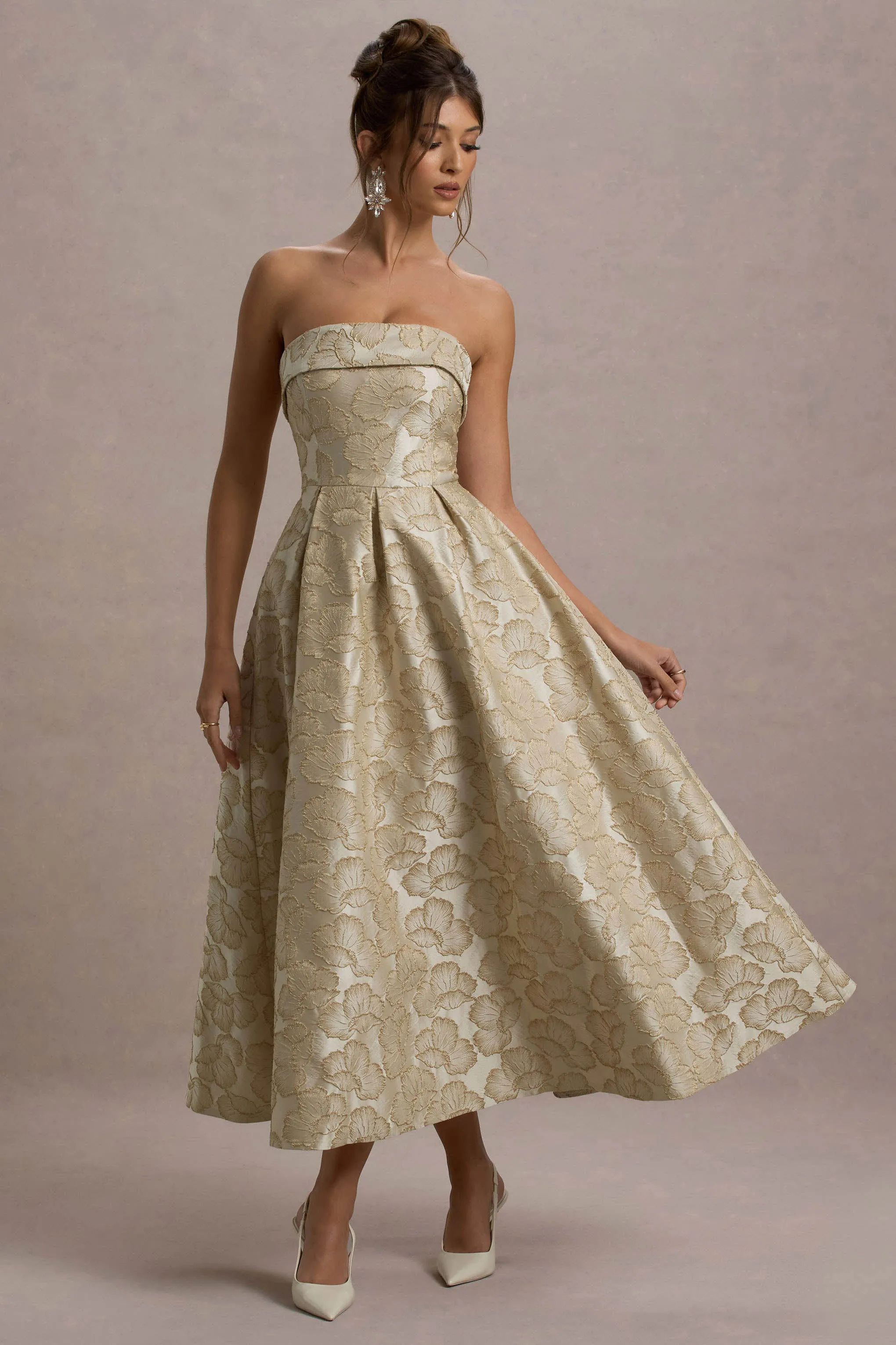 Zuma | Gold Metallic Jacquard Strapless Midi Dress Club L London