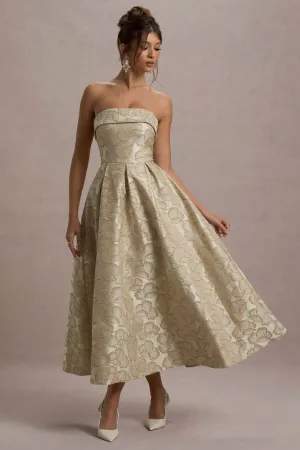Zuma | Gold Metallic Jacquard Strapless Midi Dress Club L London