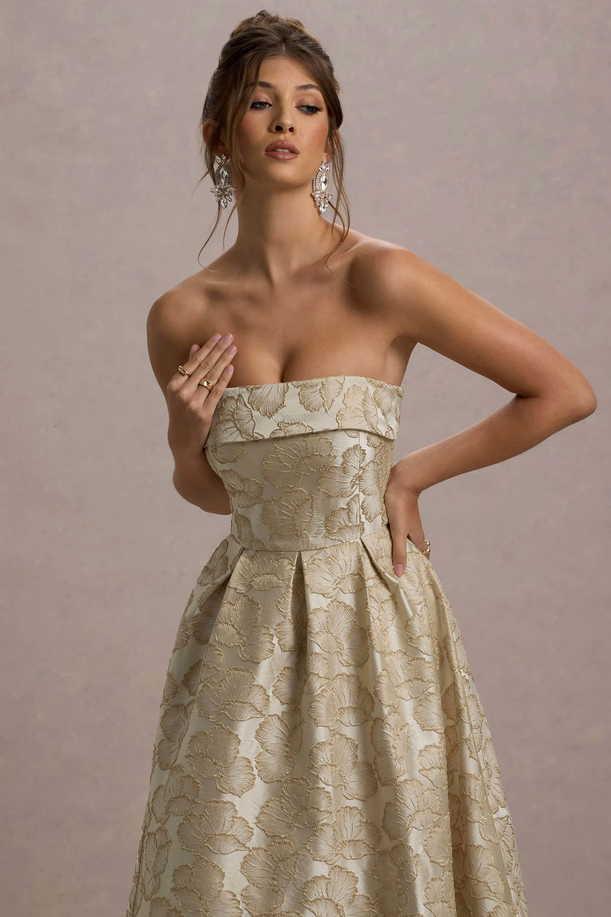 Zuma | Gold Metallic Jacquard Strapless Midi Dress Club L London