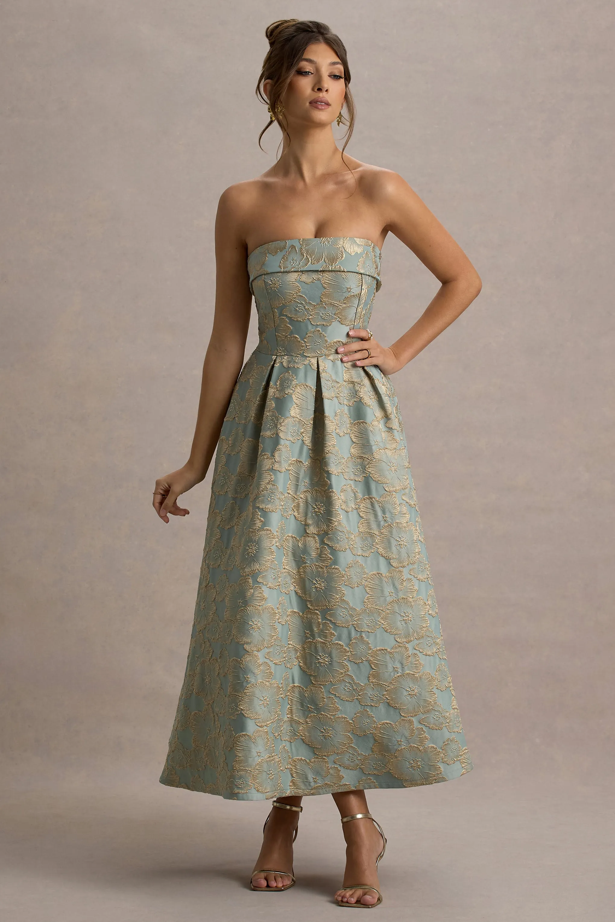Zuma | Light Blue Jacquard Strapless Midi Dress Club L London